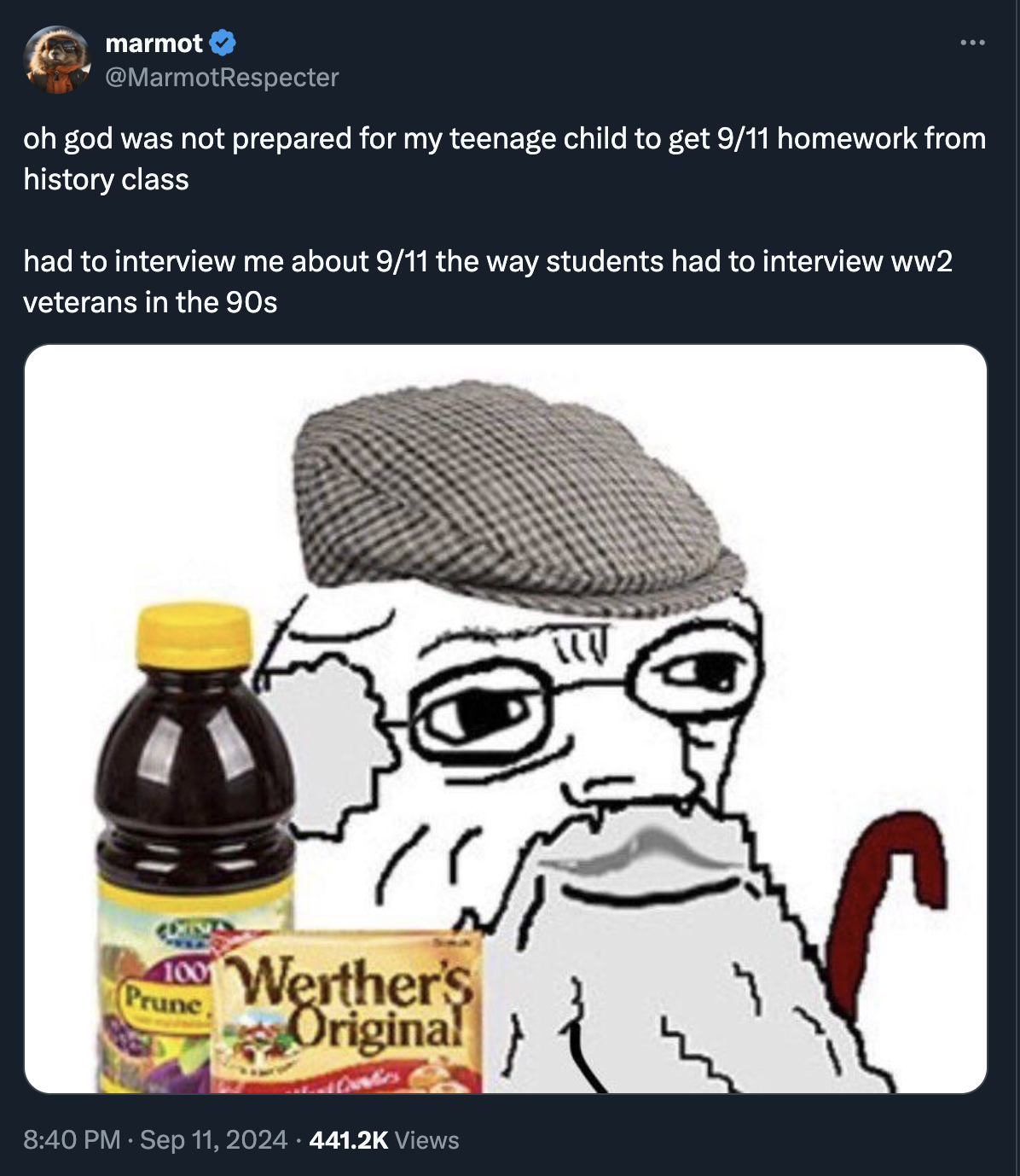 grandpa wojak - marmot oh god was not prepared for my teenage child to get 911 homework from history class had to interview me about 911 the way students had to interview ww2 veterans in the 90s Prune, Werther's Original Views